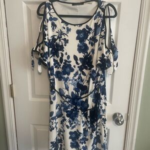 Ivanka Trump Floral Cold Shoulder Dress in Blue and White